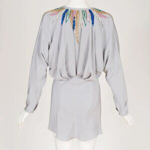 1980s Vintage Sequin Feather Faille Dolman Sleeve Blouson Wrap Tunic Sz M/L